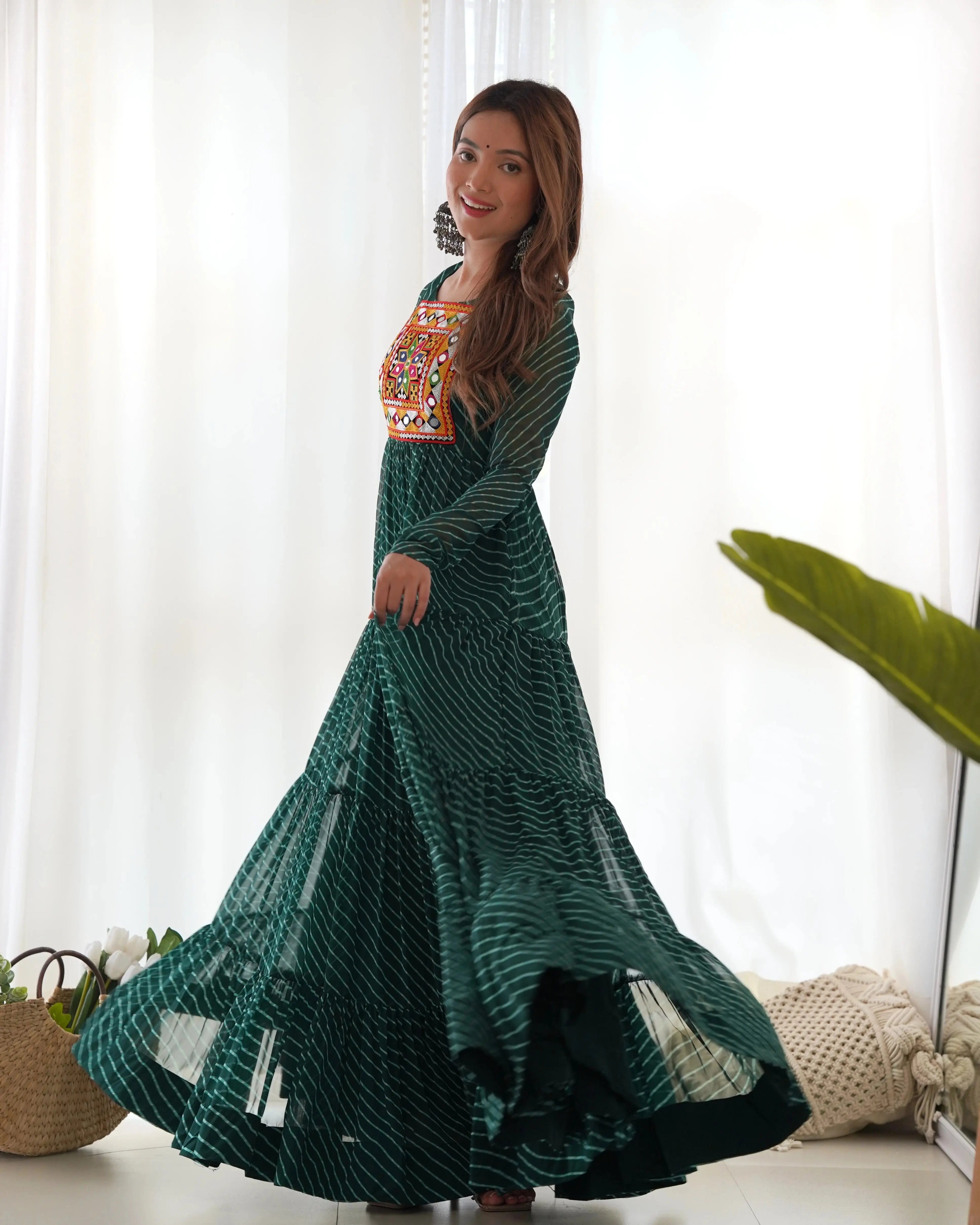 Dark Green Gamthi with Laheriya Print Fox Georgette Gown - kalyanja
